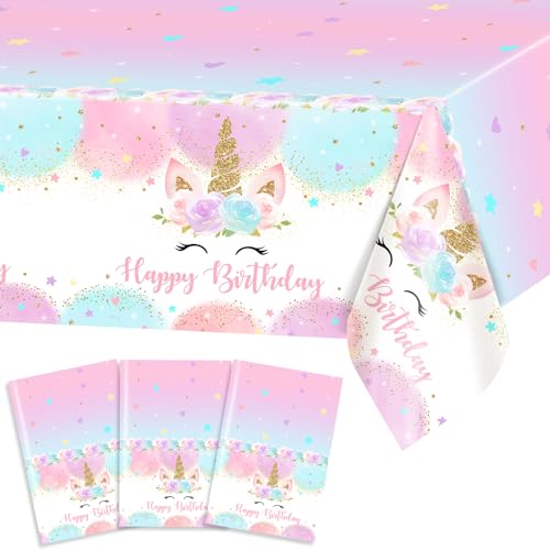 Avezano 3 pcs Unicorn Tablecloth 108 x 54 Unicorn Birthday Decorations for Girls Kids Pastel Rainbow Disposable Plastic Table Covers