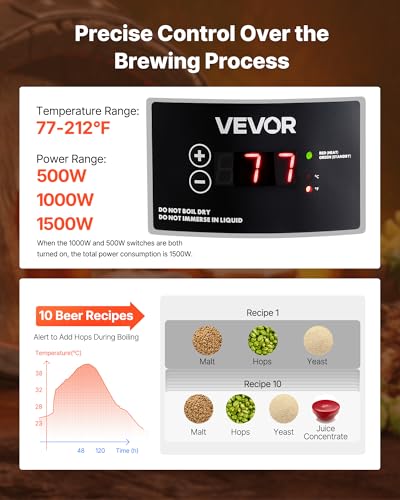 Image of VEVOR Beer Brewing Equipment, 8 Gal /30L 304 Stainless Steel Home Beer Brewer,1500W All-in-One Home Brewing Kit with Tall strainer, Integrated Inner Barrel & Reinforced Handle
