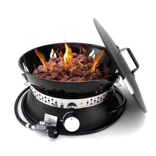 19" Propane Gas Fire Pit with Auto Flame-Out Gas Shut-Off, Portable with Lid & Carry Handle, 58,000 BTU, 10 FT Hose, 8 lb Lava Rocks for Camping, RV, Patio, Backyard,Propane Fire Pit for Camping
