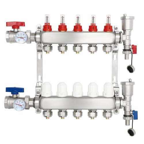Image of Dollate Radiant Floor Manifold Set 5 Loop Manifold Kit Stainless Steel 1 /2 inch Pex Tubing for Hydronic Radiant Floor Heating
