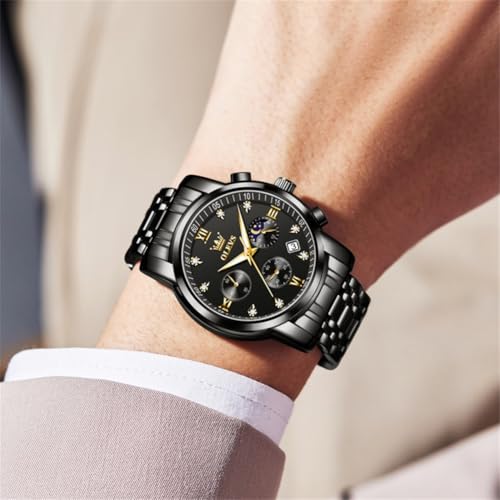 Image of OLEVS Watch for Men Diamond Business Dress Analog Quartz Stainless Steel Waterproof Luminous Date Two Tone Luxury Casual Wrist Watch Blue