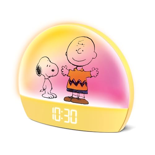 Peanuts Snoopy Sunrise Alarm Clock Vibrant Snoopy Edition with Multicolor Lights USB Charging LED Display Gentle Wake-Up Simulation and Handy Snooze Function Yellow
