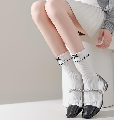 Image of Womens Bow Socks Ruffle Casual Crew Black Whitte Soft Breathable Cotton 4 Pairs Socks