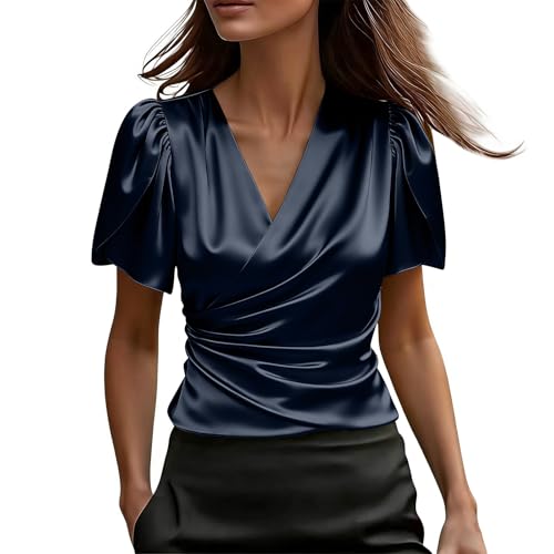 Flutter Sleeve Silk Satin Tops for Women Slim Ruched Blouses Soft Smooth Silky T Shirts for Business Casual(Navy,Medium)
