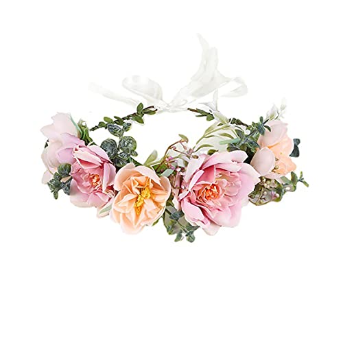 FIDDY898 Women Flower Headband Wreath Crown Floral Wedding Garland Wedding Festivals Photo Props-A PINK IVORY