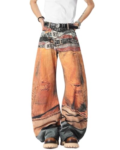Y2k Unisex Vintage 3D Colorful Oil Multi Belt Print Baggy Jeans Hiphop Punk Grunge Ripped Loose Fit Casual Denim Pants