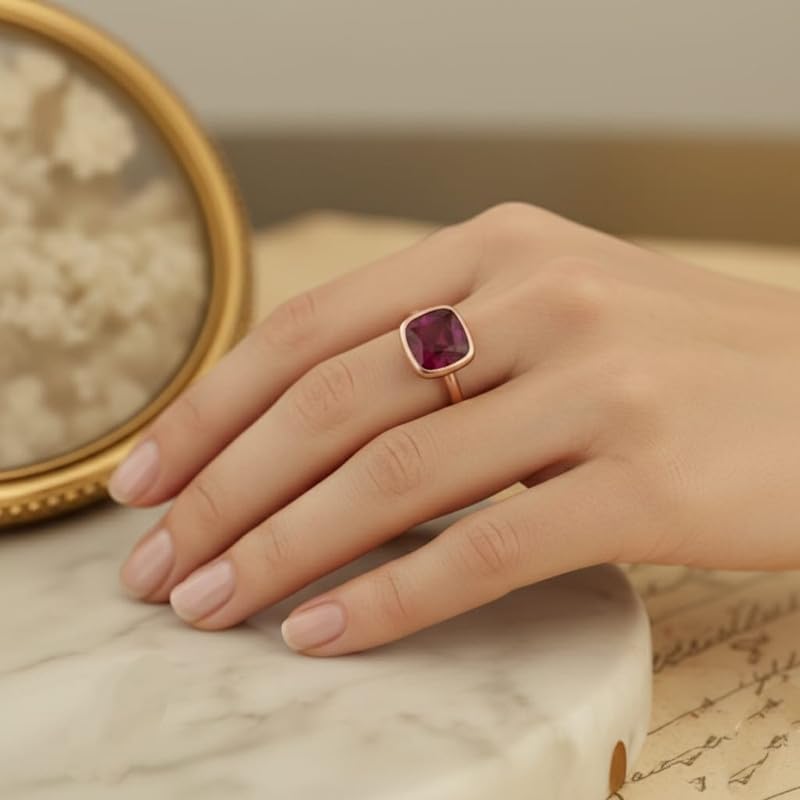 14K Rose Gold Cushion Cut Red Ruby Gemstone Bezel Set Solitaire Ring for Men Women Ring Handmade Jewelry GMR98