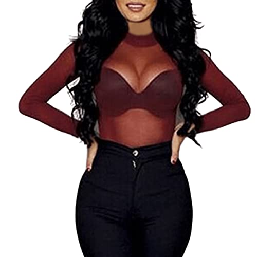 Womens Sheer Mesh Tops Shirts, Long Sleeve Mock Neck See-Through Slim Ladies Blouse T-Shirt Clubwear