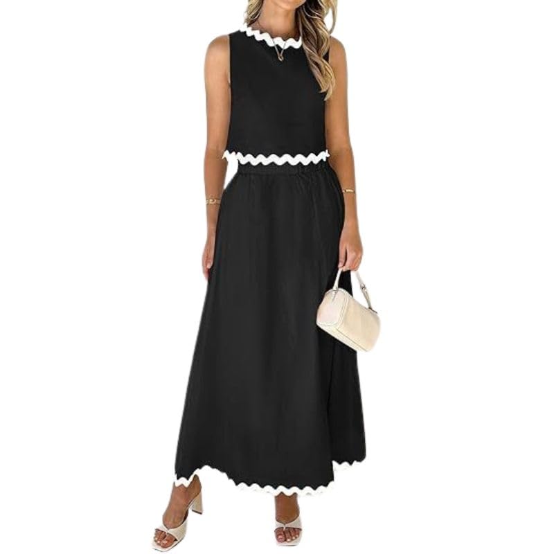 Women Two Piece Boho Ripple Maxi Skirt Sets Casual Sleeveless Cropped Top Boho Laced Embroidered High Waisted Skirts