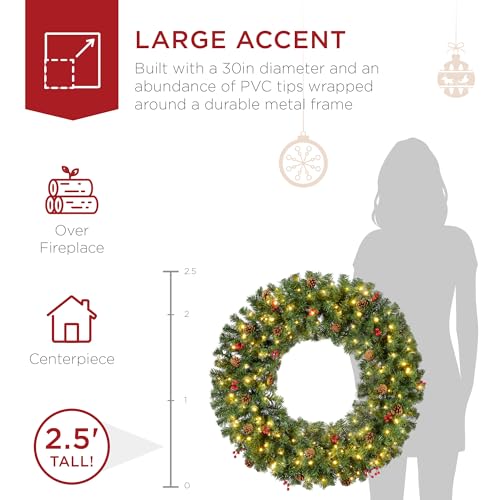 Image of Best Choice Products 30in Pre-Lit Christmas Wreath w /Berries & Pinecones, Large Artificial Indoor /Outdoor Decor for Door, Mantel, Plug-in