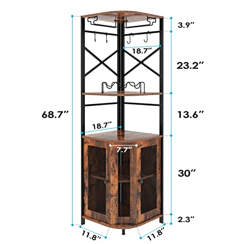 Osfvolr Bar Cabinet w/Wine Rack and Glass Holder, Corner Cabinet with Mesh Door, Corner Bar Cabinet with Adjustable Shelf, Liquor Cabinet Bar for Home, Rustic Brown - Image 4