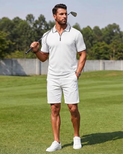 Camiseta polo para hombre con cremallera, tejido texturizado, manga corta, ideal para verano, vacaciones, playa y golf miniatura 5