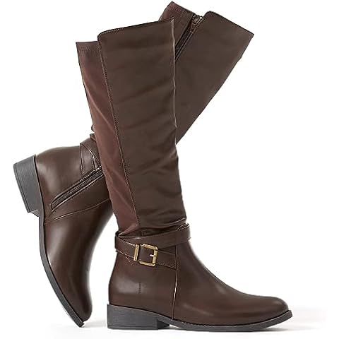 Putu Women's Knee High Riding Boots Flat Heel Tall Boots Round Toe Boots with Buckle Straps Brown Cover