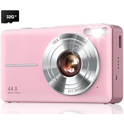 Digital Camera, Upgraded FHD 1080P Kids Camera with 32GB Card, 16X Zoom Time Stamp Anti Shake, Lanyard, Compact Portable Small Point and Shoot Camera for Kid Student Children Teen Girl Boy(Pink) Cover