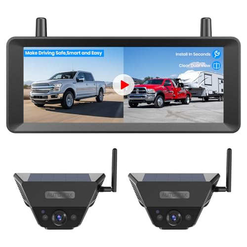 AUTO-VOX Dual Solar Wireless Magnetic Backup Camera: 2-Min Easy Install 7.2 1080P Split-Screen DVR Monitor Wall-Mount & Hitch Back Up Camera IR Night Vision IP69K Waterproof for Truck RV Trailer