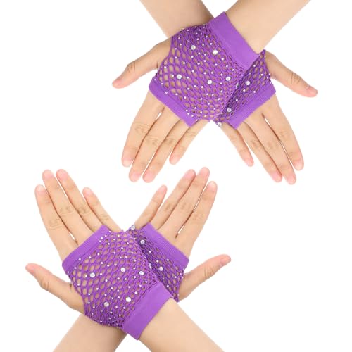 Lusofie 2 Pairs Short Kids Fishnet Gloves Fingerless with Rhinestone for Women girls Fingerless Gloves for 80s 90s Halloween Party (Purple)