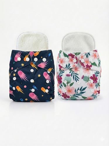 Image of Reusable Cloth Diaper for Babies | Washable Baby Cloth Diaper with Absorbent Insert | Leak Proof Adjustable Free Size Pocket Diaper 3M -3Years | Eco Friendly Reusable Baby Diaper (3, SPACE-FLORAL, One Size)