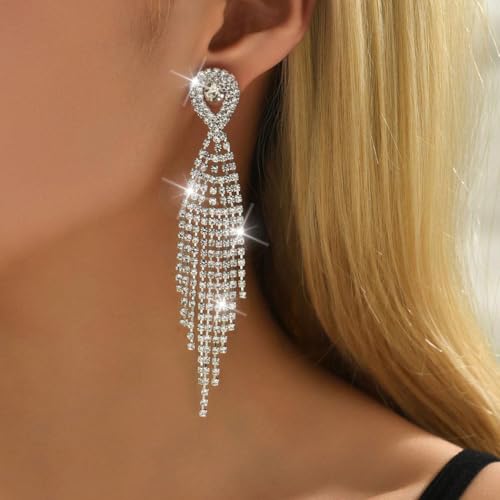 Unicra Long Tassel Rhinestone Earrings Silver Diamond Dangle Earrings Jewelry Sets Crystal Bridal Wedding Earrings Accessories for Women and Brides2