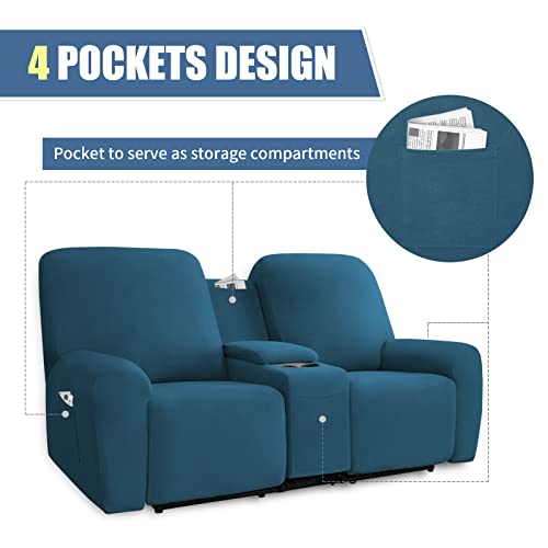 Image of Easy-Going Stretch Recliner Loveseat Cover with Center Console Sofa Slipcover Soft Fitted Fleece 2 Seats Couch with Holder and Storage Washable Furniture Protector Peacock Blue
