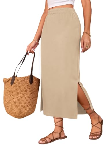 Image of Poetsky Maxi Skirt for Women Summer Side Slit Pencil Skirts Elastic High Waisted Long Skirt