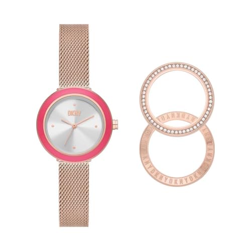 DKNY Reloj para mujer Sasha, movimiento de cuarzo de tres manecillas, caja de acero inoxidable dorado rosa de 29 mm con correa de acero, NY6654SET