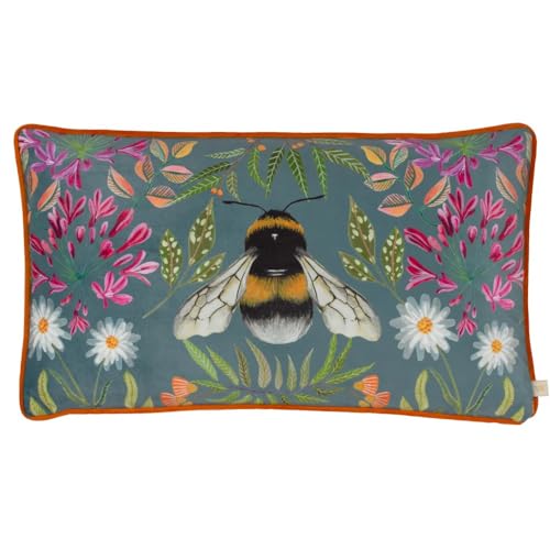 Wylder Nature House Of Bloom Zinnia Bee Cushion Cover – Floral Botanical Bumblebee Design (Grey – 30 x 50cm)
