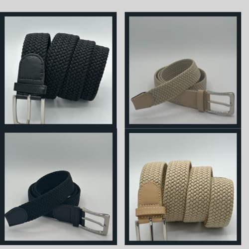 2 Pieces Braided Elastic Belt for Men Women Stretchy Elastic Belt Extensible Work Belt Adjustable Belt Beige Black2