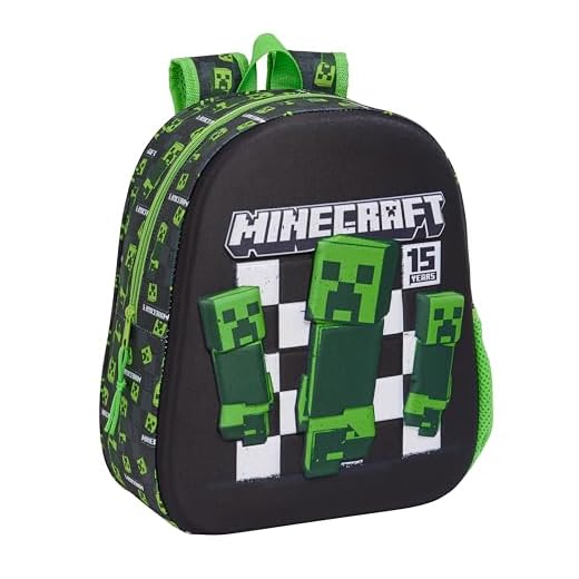 MINECRAFT - Mochila Escolar, con Diseño 3D, Adaptable a Carro, Ideal para Niños de Diferentes Edades, Cómoda y Versátil, Calidad y Resistencia, 27x10x33 cm, Color Negro/Verde