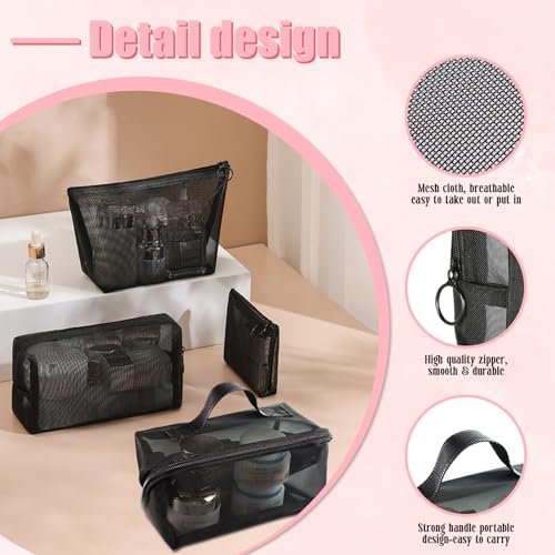 4 Piece Mesh Cosmetic Bag Set, Makeup Pouches, Zipper Pouches for Toiletries, Black (4, black)3
