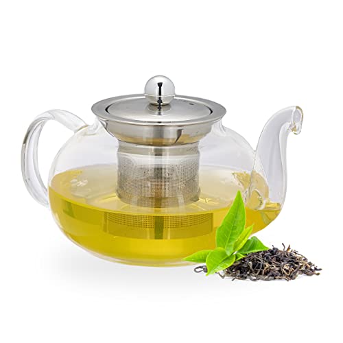 Relaxdays Tetera con Infusor, 600 ml, Vidrio Borosilicato, Acero Inoxidable, Jarrita Té a Granel, Transparente/Plateado