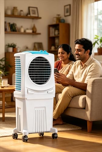 Image of 40L Personal Room Air Cooler with 3-Side Honeycomb Cooling Pads, Powerful Fan, CFD Technology & Inverter Compatibility for Energy Saving, Portable Air Cooler for Home and Office (White & Blue)