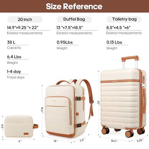 Image of UKEIN Luggage Sets 3 Piece, Carry On Luggage 20In With Spinner Wheels,PC Hardside Suitcase Set with TSA Lock,Durable Carry On Suitcase With Travel Backpack for Men (Cream, 3 piece set (BP /20inch))