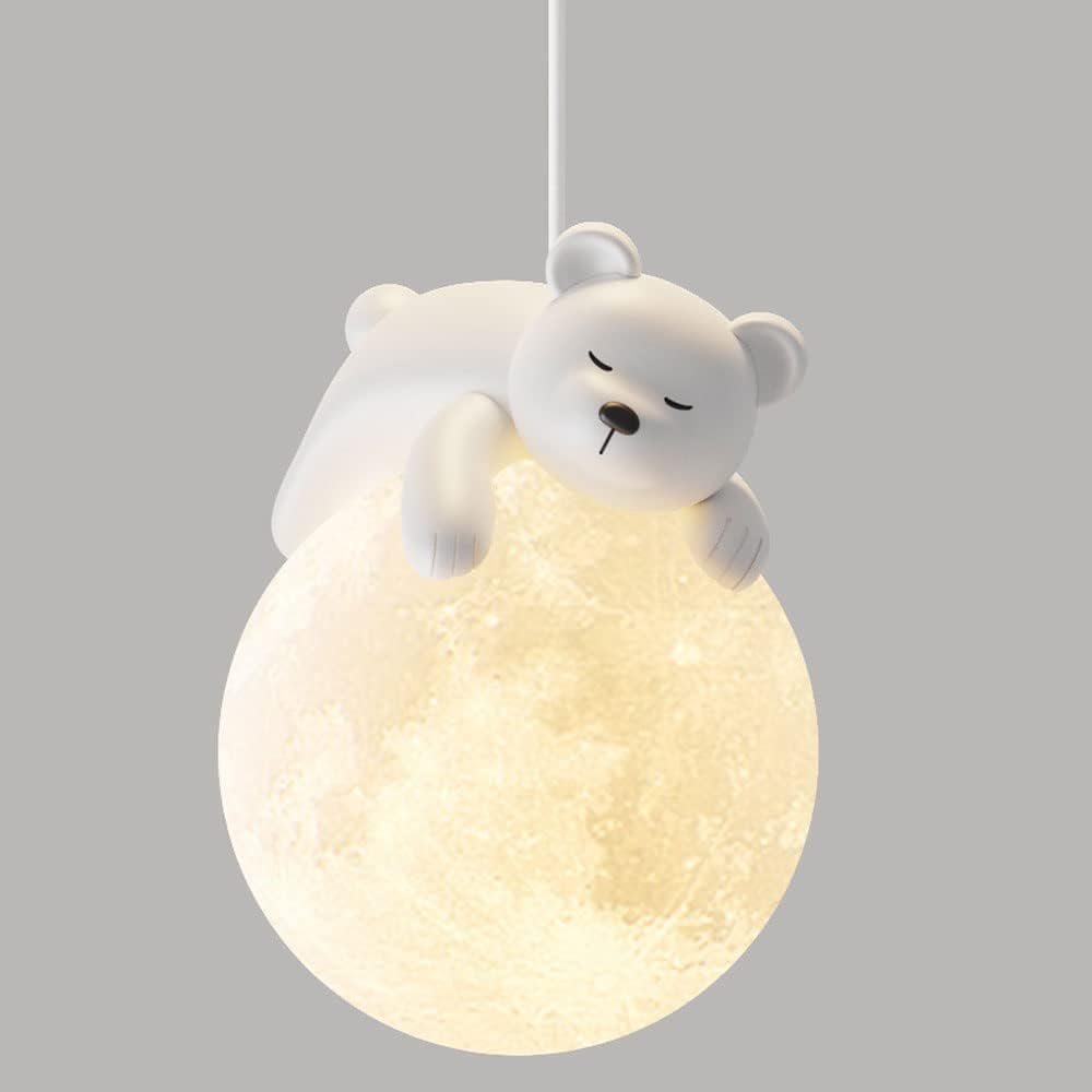 Lámpara Colgante Luz Impresión 3D Luna Globo Dibujos Animados Conejo Dormido Oso Planeta Suspensión Niños Dormitorio 3 Luces Niño Niñas Noche Hierro Metálico Blanco