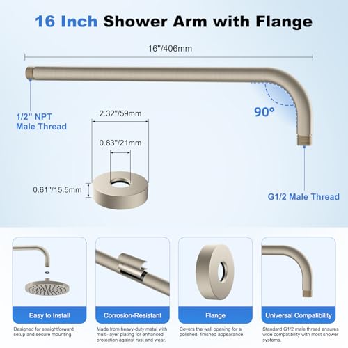 Hibbent 16 Inch All Metal Shower Extension Arm, Extra Long Stainless Steel Rainfall Shower Arm Water Outlet with Flange, Wall Mounted Shower Head Extender, Brushed Nickel - image 3