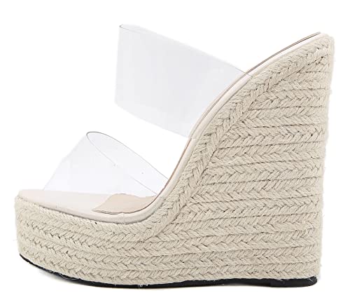 LizFoYa Women Peep Toe Espadrille Platform Heels Lucite Double Straps Wedge High Heels Beach Slide Sandal Shoes2