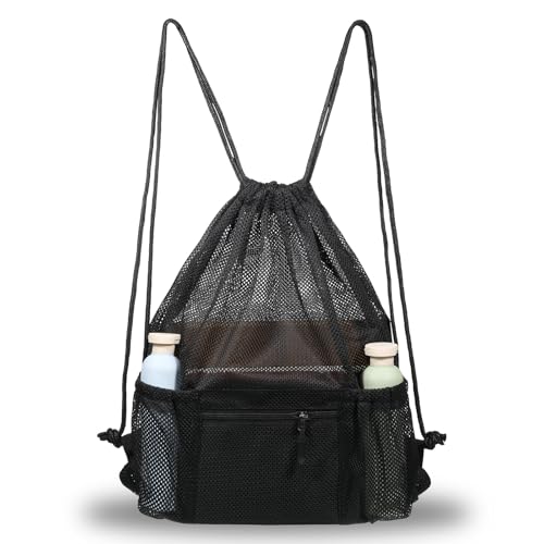 Xyembu Mesh Drawstring Backpack Bag, Gym Sports Bags with Zipper Pocket, Large Mesh Drawstring...