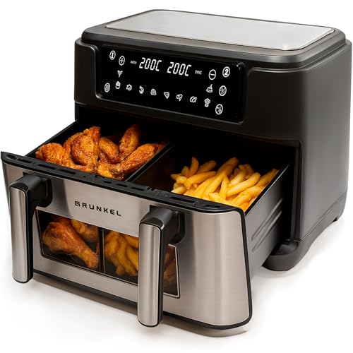 GRUNKEL DUALFLEXIFRYER, Freidora de Aire 2800W, Doble Depósito 5L+5L/7L+3L, Tecnología 360°, 10 Programas, Control Independiente