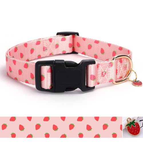 Image of Pink Strawberry Pattern Dog Collar with Buckle Adjustable Safety Nylon Collars for Small Medium Large Dogs, Cute Stylish Girl Boy Christmas Dog Collar (Pink Strawberry,L