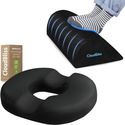 Image of Foot Rest & Donut Pillow Seat Cushion Set, Office Desk Accessories with Memory Foam and Washable Removable Cover, Foot Stool for Office, Car, Home to Foot Support and Relax Ankles, Black