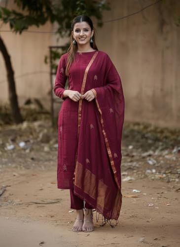 Image of Anni Designer Pure Cotton Maroon Kurta Pant Set with Dupatta for Women | 3 Piece Gold Hand Block Printed Suit Set | Cotton Kurta Set for Women | Festive Kurti Set