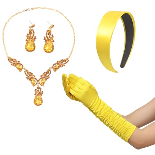 Zcbzbn Juego de accesorios de princesa (diseño de diamantes de imitación) - Disfraz de carnaval y disfraz de princesa para mujer, con corona de princesa, guantes amarillos/azules y collar para fiestas