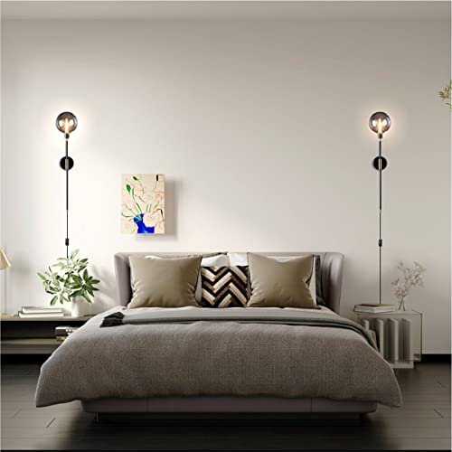 Image of KCO 1-Light Plug in Wall Sconces On /Off Switch Cord Black Modern Wall Mounted Light Fixture with Long Arm Glass Globe Shade Wall Lamp for Bedroom Living Room Kitchen Hallway (Smoke Gray & 2-Pack)