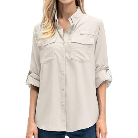 Toomett Womens Safari Shirts Quick Dry UPF 50 Fishing Shirts Lightweight SPF Long Sleeve Sun Protection Shirts,F5026,Light Khaki,M Cover