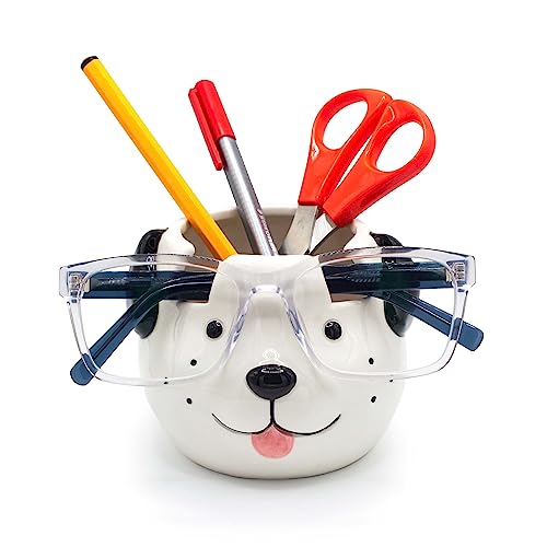Glasses Holder Stand and Vase - Dog Ceramic Sunglasses and Eyeglasses Stand Gift Display and Decor Organizer for Desk Accessories and Stationery Items (White and Black)