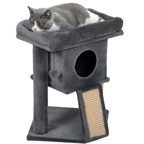 PawHut Árbol Rascador para Gatos Pequeños 57 cm, Torre para Gatos con Poste de Sisal, Rampa para Rascar, Cueva, Cama y Bola Colgante, 40x40x57 cm, Gris Oscuro
