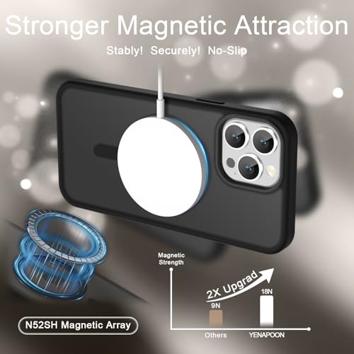 Image of YENAPOON for iPhone 14 Pro Max Case, Matte Magnetic Phone Cover [with 1 Screen Protector] [Support for MagSafe] [Shockproof Military Grade Protection] Translucent Frosted Back, Black