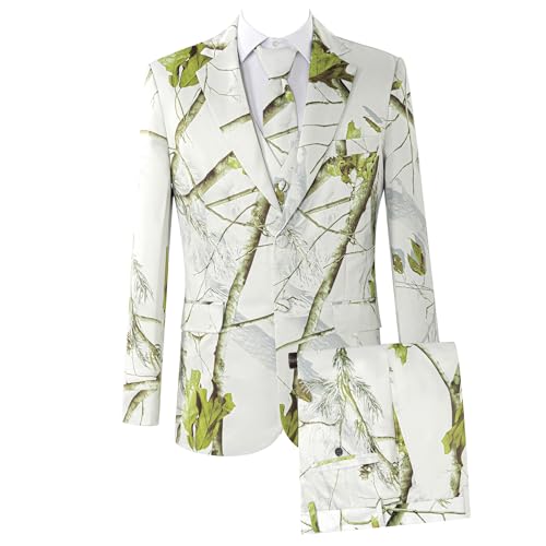 Men 2 Pieces Slim Fit Suit Set, Light Grey Printed Blazer Pants Set with Tie, Formal Notch Lapels Coat Tuxedo Set