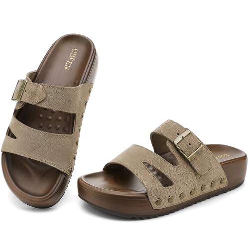 Image of UBFEN Womens Platform Slide Sandals | Real Leather,Buckle Sandals with Cushioned Flatform Footbed,Comfortable for Walking,Arch Support,Casual Styling