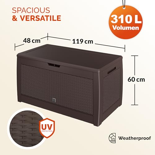CASARIA® 310L Waterproof Garden Storage Box | Plastic Storage Box with Lid | Storage Boxes with Lids | Parcel Deck Box Lockable Storage Boxes | Weather Resistant | 119x48x60cm | Rattan Effect | Brown