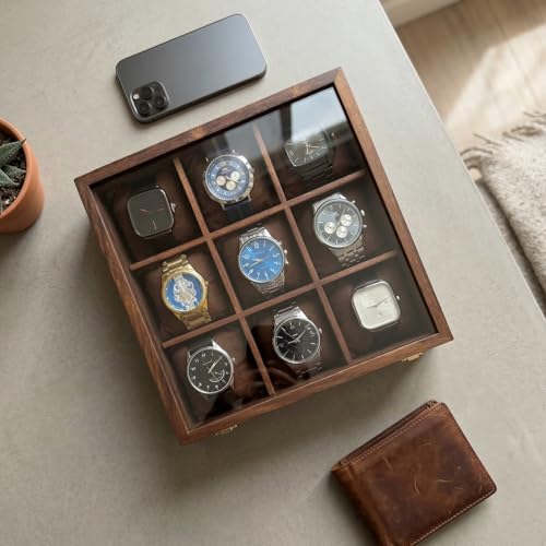 Image of Wooden Watch Box, Storage Organizer, Watch Display Case, Jewelry Holder, Gift for Men & Women - Rosewood Crafted, 3-12 Slots (Nine Slots)